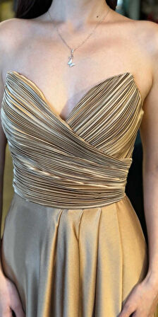 Vizon Straplez Yaka Anvelop Yırtmaçlı Kloş Etekli Saten Uzun Abiye Elbise 11095