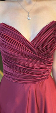 Vişne Straplez Yaka Anvelop Yırtmaçlı Kloş Etekli Saten Uzun Abiye Elbise 11095