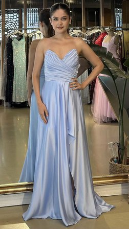 Açık Mavi Straplez Yaka Anvelop Yırtmaçlı Kloş Etekli Saten Uzun Abiye Elbise 11095-22