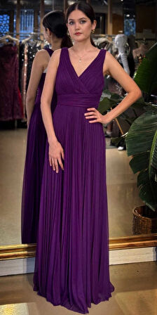 Damson V Yaka Kalın Askı Kloş Etekli  Şifon Uzun Abiye Elbise 11098-08