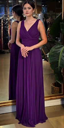 Damson V Yaka Kalın Askı Kloş Etekli  Şifon Uzun Abiye Elbise 11098-08