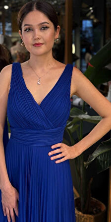 Saks V Yaka Kalın Askı Kloş Etekli  Şifon Uzun Abiye Elbise 11098-06