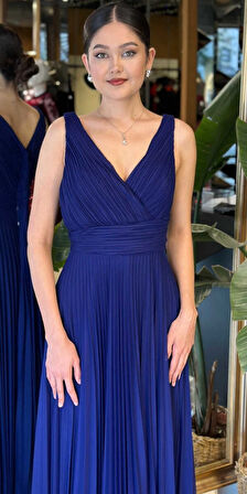 Gece Mavisi V Yaka Kalın Askı Kloş Etekli  Şifon Uzun Abiye Elbise 11098-07