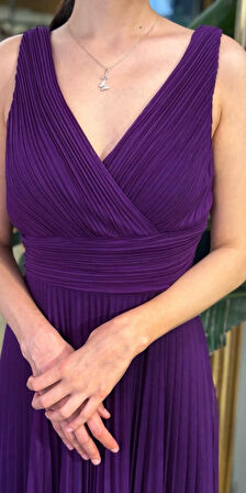 Damson V Yaka Kalın Askı Kloş Etekli  Şifon Uzun Abiye Elbise 11098-08