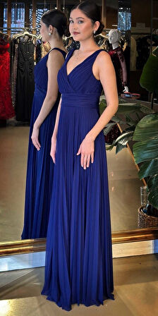 Gece Mavisi V Yaka Kalın Askı Kloş Etekli  Şifon Uzun Abiye Elbise 11098-07