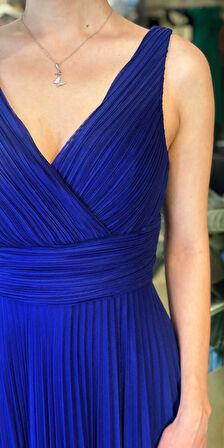 Gece Mavisi V Yaka Kalın Askı Kloş Etekli  Şifon Uzun Abiye Elbise 11098-07