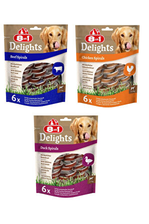 8in1 Delights Spirals 3 Çeşit Tavuklu + Biftekli + Ördekli Karma Burgu Ödül 6 Lı X 3 Adet