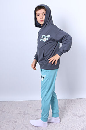 ERKEK ÇOCUK KAPŞONLU EŞOFMAN TAKIMI MİCKEY MOUSE SIRT BASKILI RİBANALI F3