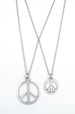 2'li Peace Barış Sembolü Erkek Kadın Kolye Seti 925 Ayar Gümüş Kaplama