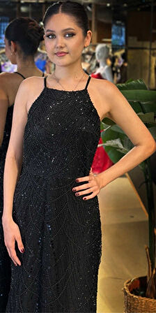 Siyah Halter Yaka İp Askılı Düz Kesim Pullu Boncuklu Uzun Abiye Elbise 11103-01