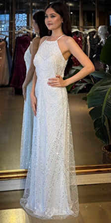 Beyaz Halter Yaka İp Askılı Düz Kesim Pullu Boncuklu Uzun Abiye Elbise 11103-05