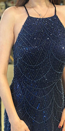 Lacivert Halter Yaka İp Askılı Düz Kesim Pullu Boncuklu Uzun Abiye Elbise 11103-02