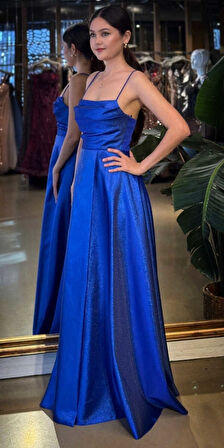 Saks Degaje Yaka İp Askılı  Sırt Dekolteli Kloş Etekli Saten Uzun Abiye Elbise 11104-01