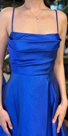 Saks Degaje Yaka İp Askılı  Sırt Dekolteli Kloş Etekli Saten Uzun Abiye Elbise 11104-01