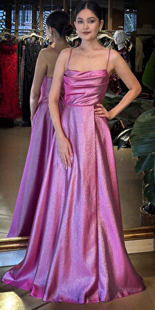 Fuşya Degaje Yaka İp Askılı  Sırt Dekolteli  Kloş Etekli  Saten Uzun Abiye Elbise 11104-02