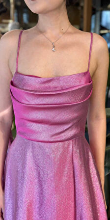 Fuşya Degaje Yaka İp Askılı  Sırt Dekolteli  Kloş Etekli  Saten Uzun Abiye Elbise 11104-02