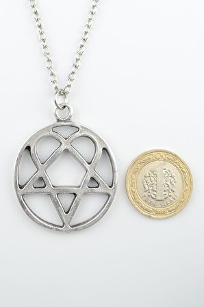 Heartagram Erkek Kadın Kolye Antik Gümüş Kaplama - 60 cm Düz Zincir