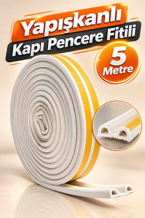 5 Metre Kapı Altı ve Pencere Kenarı İçin Yapışkanlı Fitil Beyaz Yalıtım Bandı