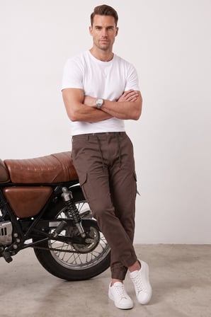 DeepSEA Erkek Slim Fit Likralı Kahve Kargo Jogger Pantolon – İpli Bel Lastikli Paça 1601569