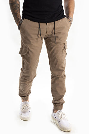 Erkek Bej Beli Lastikli Kargo Pantolon 1601569