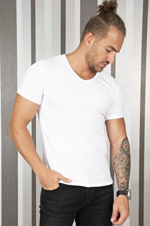 Erkek Beyaz V Yaka Düz Tişört