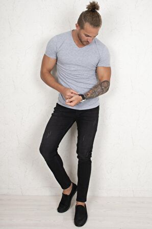 Erkek Gri V Yaka Düz Tişört