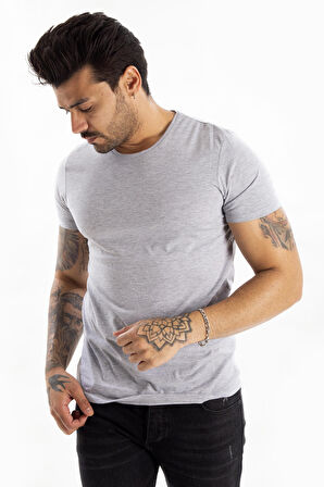 DeepSEA Erkek Gri Sıfır Yaka Dar Kesim Basic Tişört 1801131