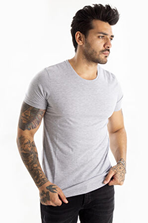 DeepSEA Erkek Gri Sıfır Yaka Dar Kesim Basic Tişört 1801131