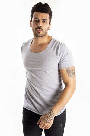Erkek Gri Geniş Yaka Likralı Tişört 1801199