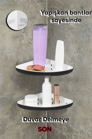 Porsima 0447 2'li Banyo Köşe Rafı İstiridye - Delmesiz Yapışkanlı Duş Rafı Organizerı