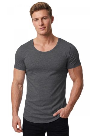 DeepSEA Erkek Antrasit Slim Fit %90 Pamuk Açık Yaka Oval Kesim Likralı Basic Tişört 1801199
