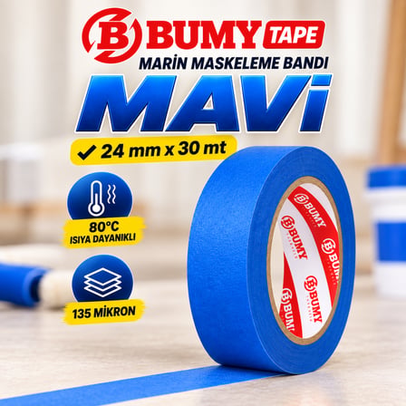 Bumy Mavi Marin Maskeleme Bandı 24 mm x 30 mt 80°C Isıya Dayanıklı Bant 135 Mikron Bantı Bantları