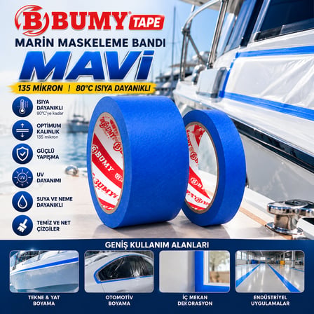 Bumy Mavi Marin Maskeleme Bandı 24 mm x 30 mt 80°C Isıya Dayanıklı Bant 135 Mikron Bantı Bantları