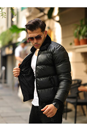 Erkek Siyah Şişme Deri Mont