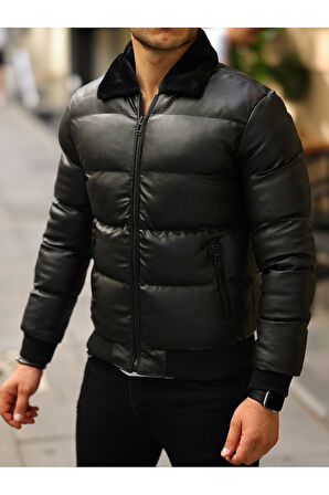 Erkek Siyah Şişme Deri Mont