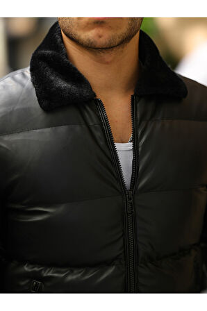 Erkek Siyah Şişme Deri Mont