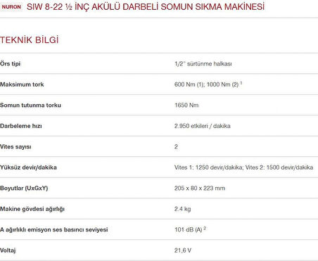 HİLTİ NURON SIW 8-22 ½  İNÇ AKÜLÜ DARBELİ SOMUN SIKMA MAKİNESİ ( SET)