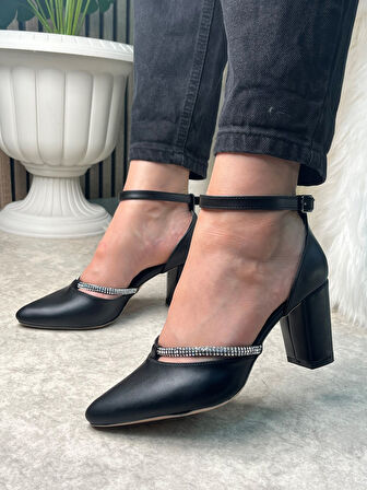 Günlük Kadın Kalın Yüksek Topuklu Sivri Burunlu Bilekten Bağlı Taşlı Şeritli Abiye Ayakkabı 11112