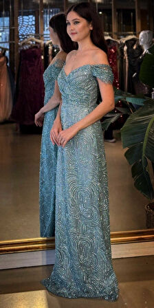 Mint Madonna Yaka Sırt Dekolteli  Düz Kesim  Simli Uzun Abiye Elbise 11113-01