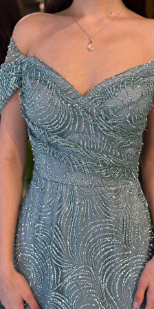 Mint Madonna Yaka Sırt Dekolteli  Düz Kesim  Simli Uzun Abiye Elbise 11113-01