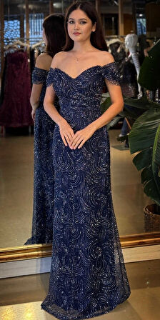 Lacivert Madonna Yaka Sırt Dekolteli  Düz Kesim Simli Uzun Abiye Elbise 11113-04