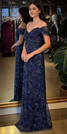 Lacivert Madonna Yaka Sırt Dekolteli  Düz Kesim Simli Uzun Abiye Elbise 11113-04