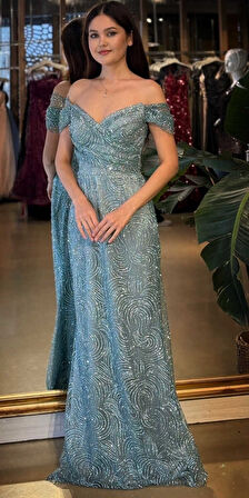 Mint Madonna Yaka Sırt Dekolteli  Düz Kesim  Simli Uzun Abiye Elbise 11113-01