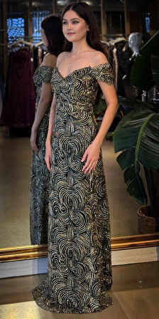 Siyah&Gold Madonna Yaka Sırt Dekolteli  Düz Kesim Simli Uzun Abiye Elbise 11113-02