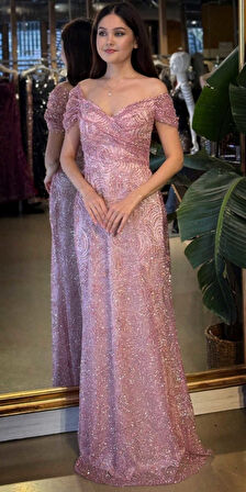 Rose Madonna Yaka Sırt Dekolteli  Düz Kesim Simli Uzun Abiye Elbise 11113-03