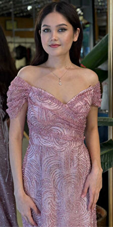 Rose Madonna Yaka Sırt Dekolteli  Düz Kesim Simli Uzun Abiye Elbise 11113-03