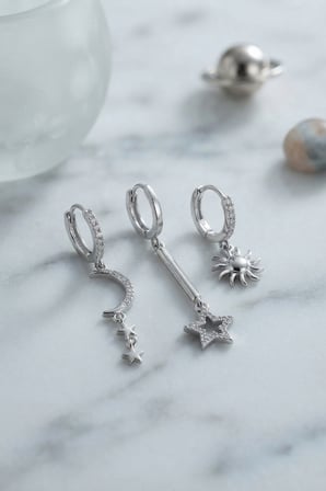 3 lü Set Ay Yıldız ve Güneş Model Gümüş Renk Kadın Küpe