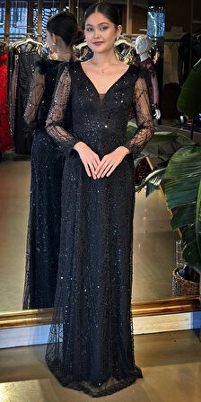 Siyah V Yaka Uzun Kollu Tuy Detaylı Düz Kesim Pullu Boncuklu Uzun Abiye Elbise 11114-01