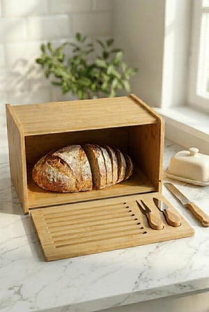 Doğal Bambu Kapaklı Ekmek Kutusu & Doğal Bambu Ekmek Dolabı (23X38X20 Cm)