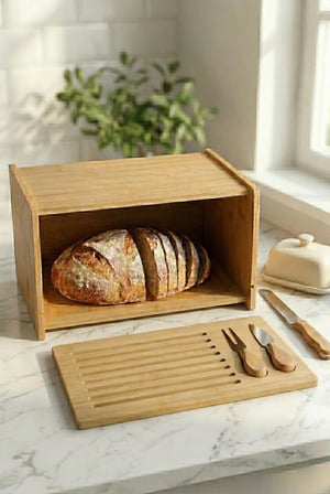 Doğal Bambu Kapaklı Ekmek Kutusu & Doğal Bambu Ekmek Dolabı (23X38X20 Cm)